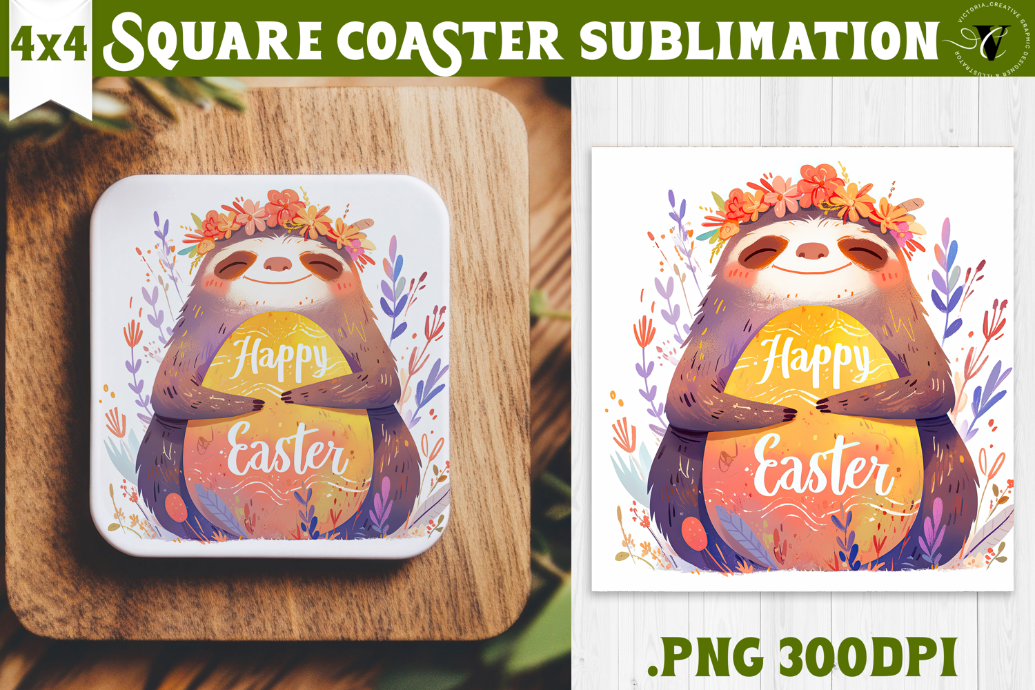 Easter Square Coaster | Watercolor Sloth | Happy Easter product image 1