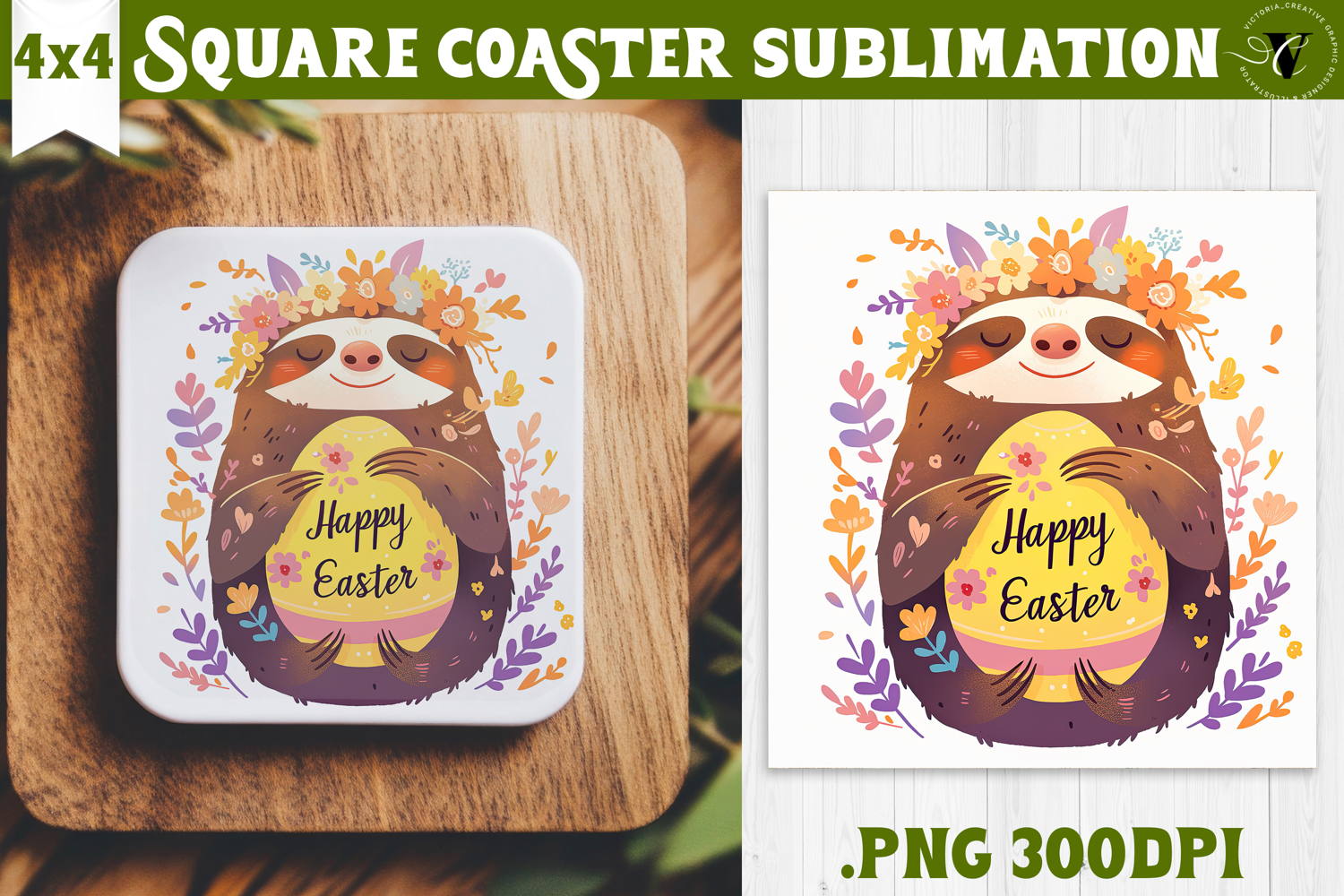 Easter Square Coaster | Watercolor Sloth | Happy Easter product image 1