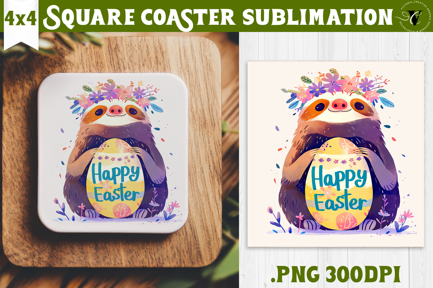 Easter Square Coaster | Watercolor Sloth | Happy Easter product image 1