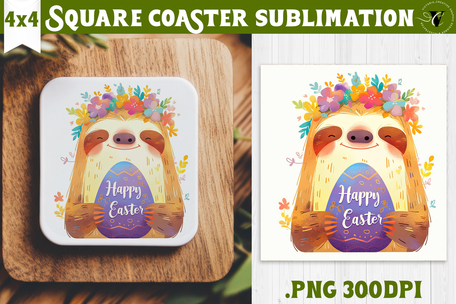 Easter Square Coaster | Watercolor Sloth | Happy Easter product image 1