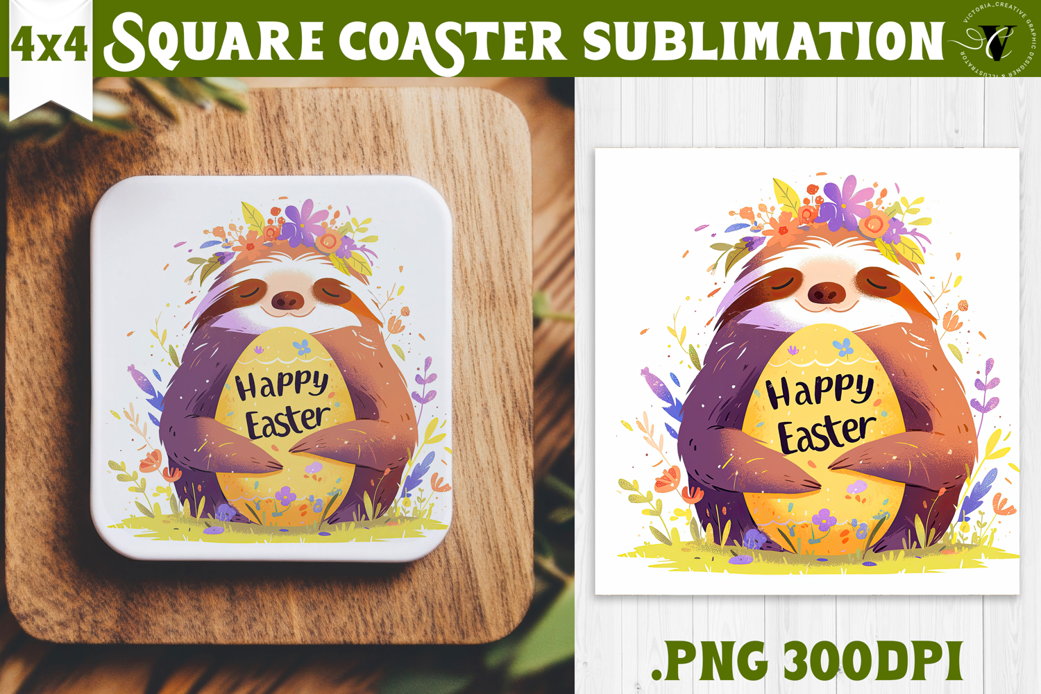 Easter Square Coaster | Watercolor Sloth | Happy Easter product image 1
