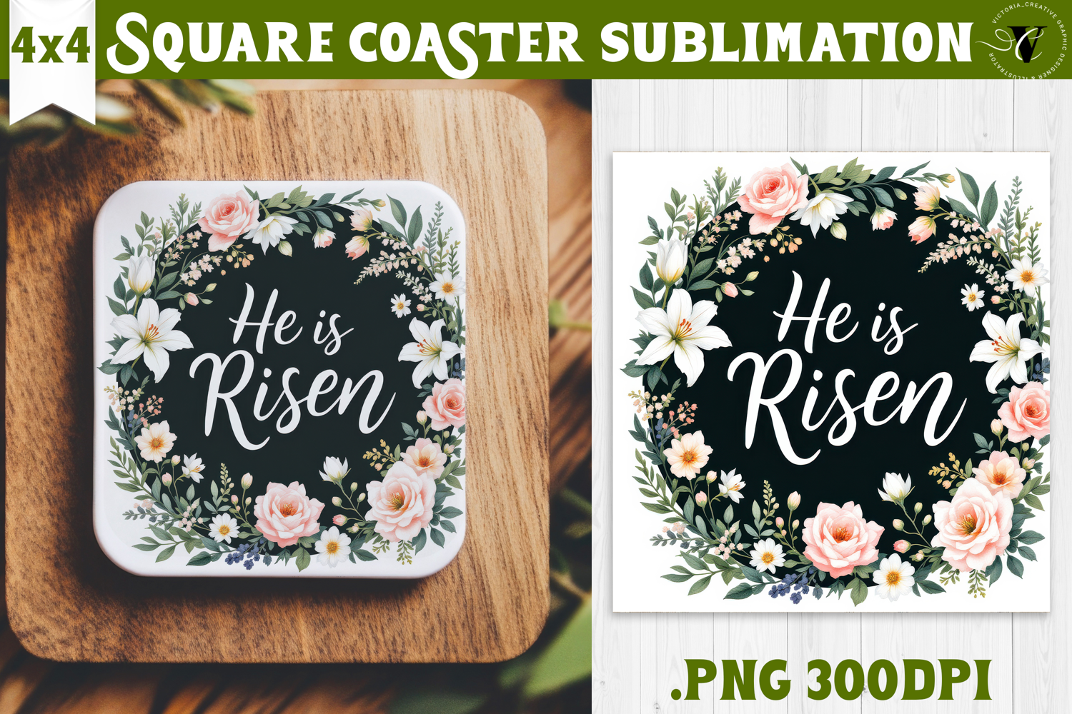 Easter Square Coaster | Watercolor Flowers | Happy Easter product image 1