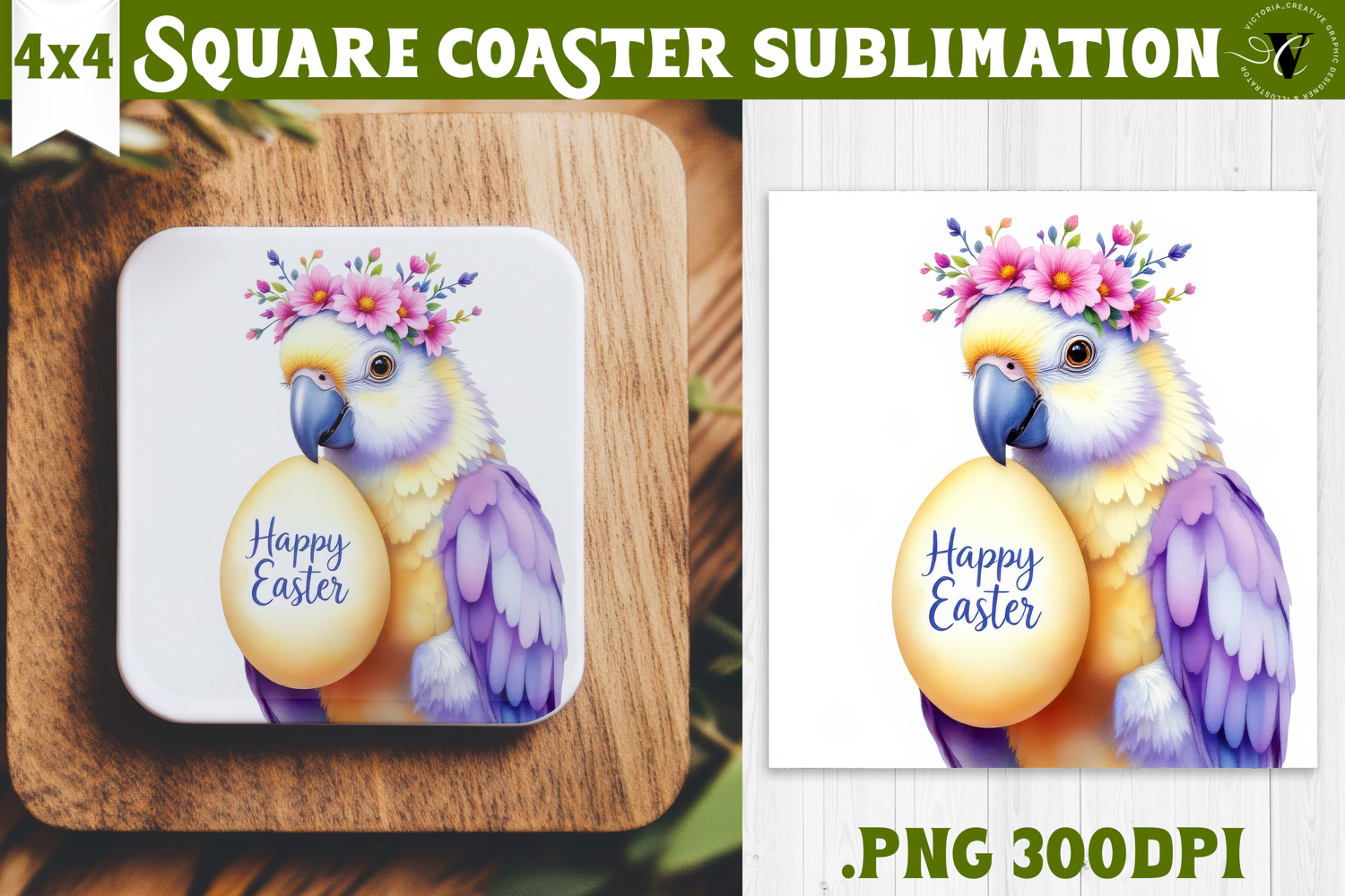 Easter Square Coaster | Watercolor Parrot | Happy Easter product image 1