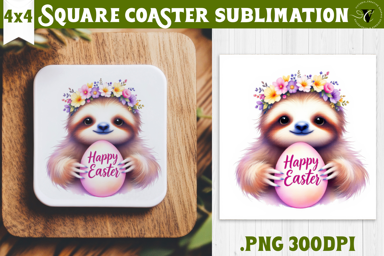 Easter Square Coaster | Watercolor Sloth | Happy Easter product image 1