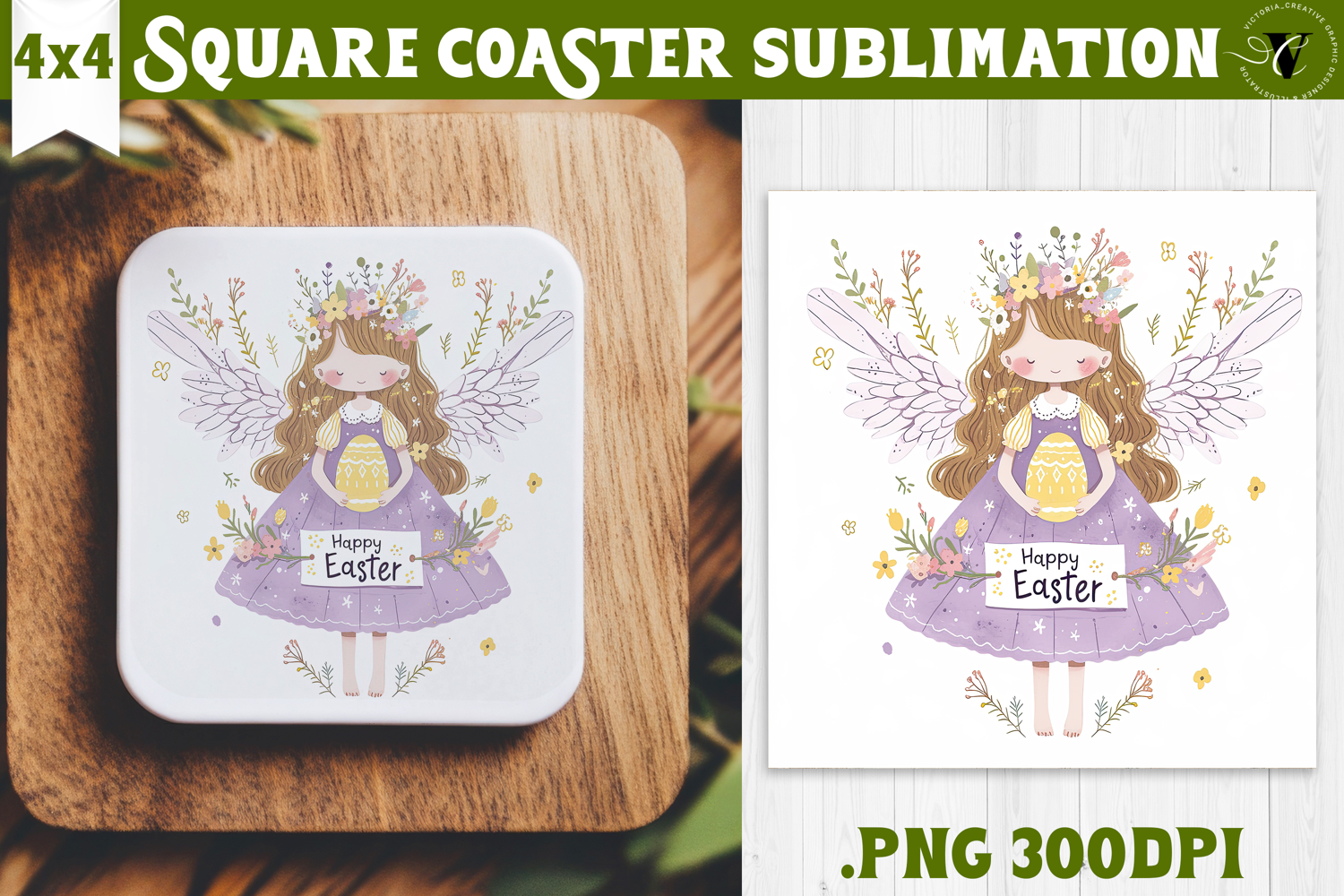Easter Square Coaster | Watercolor Fairy | Happy Easter product image 1