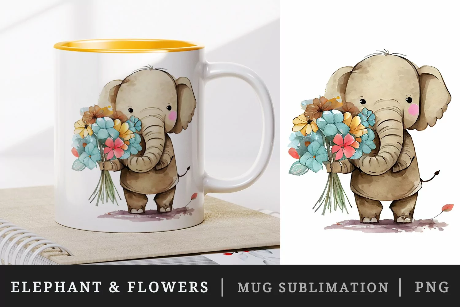 Elephant & flowers mug, coffee cup wrap sublimation design product image 1