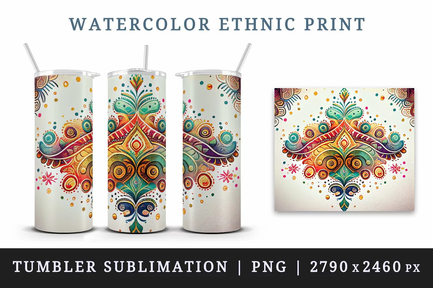 Watercolor ethnic print design wrap sublimation for customize your tumbler