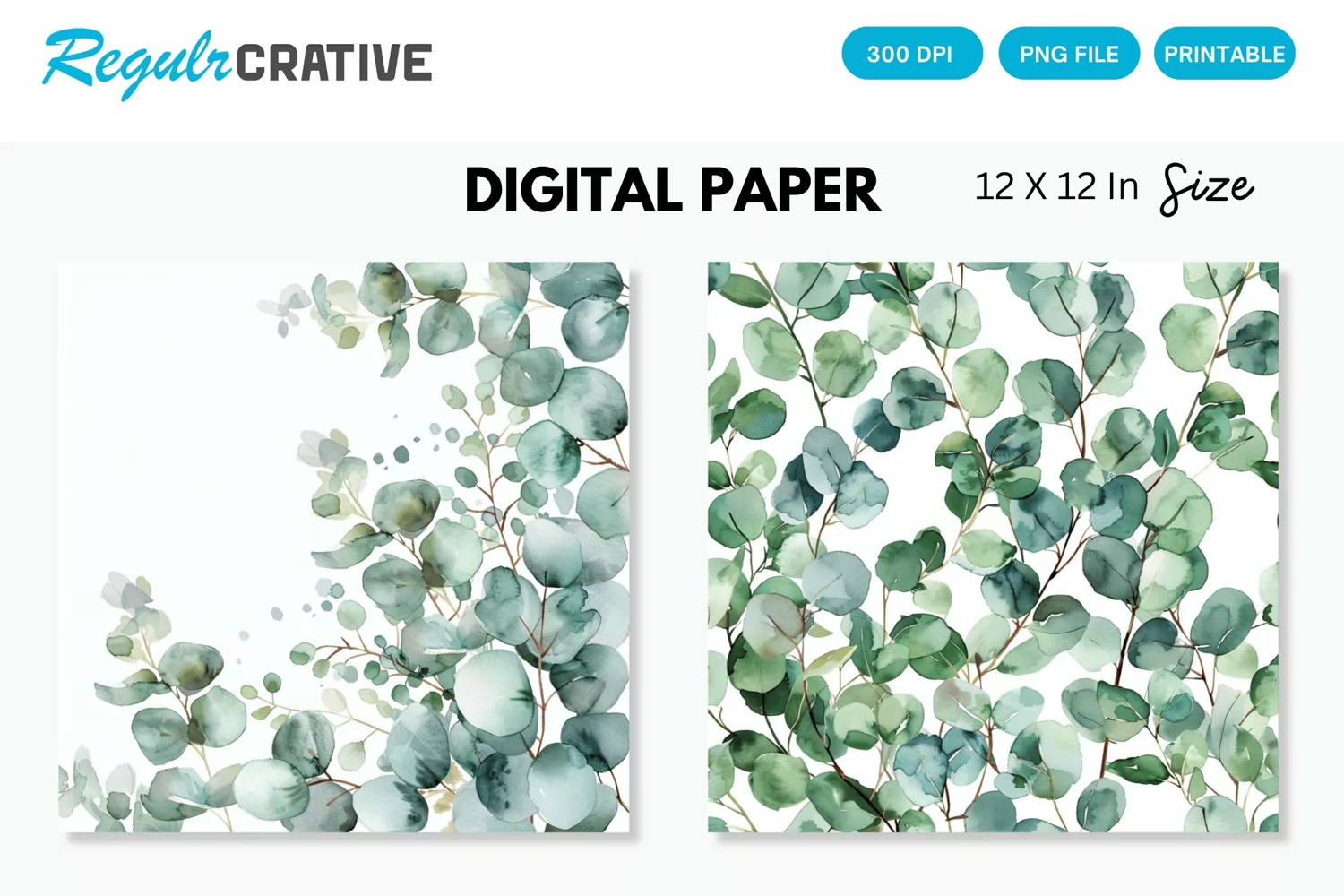 Watercolor Eucalyptus Seamless Digital Paper, Eucalyptus PNG product image 1