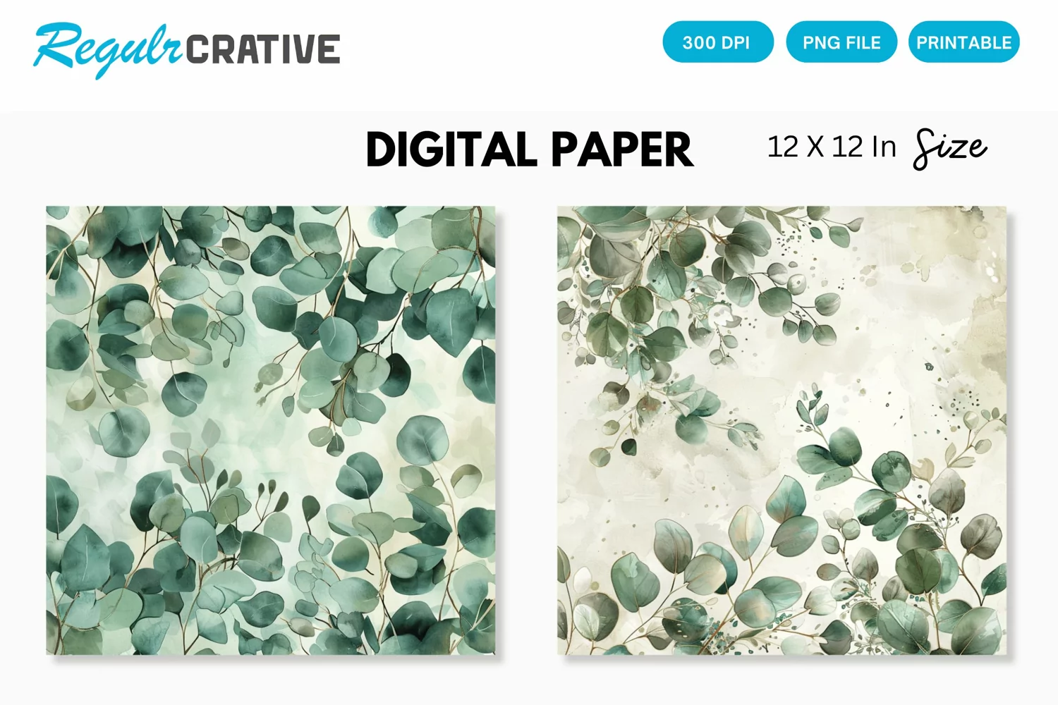 Watercolor Eucalyptus Seamless Digital Paper, Eucalyptus PNG product image 1