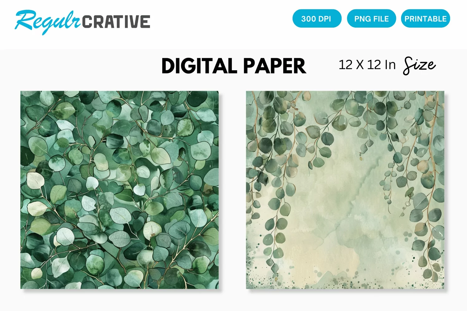 Watercolor Eucalyptus Seamless Digital Paper, Eucalyptus PNG product image 1