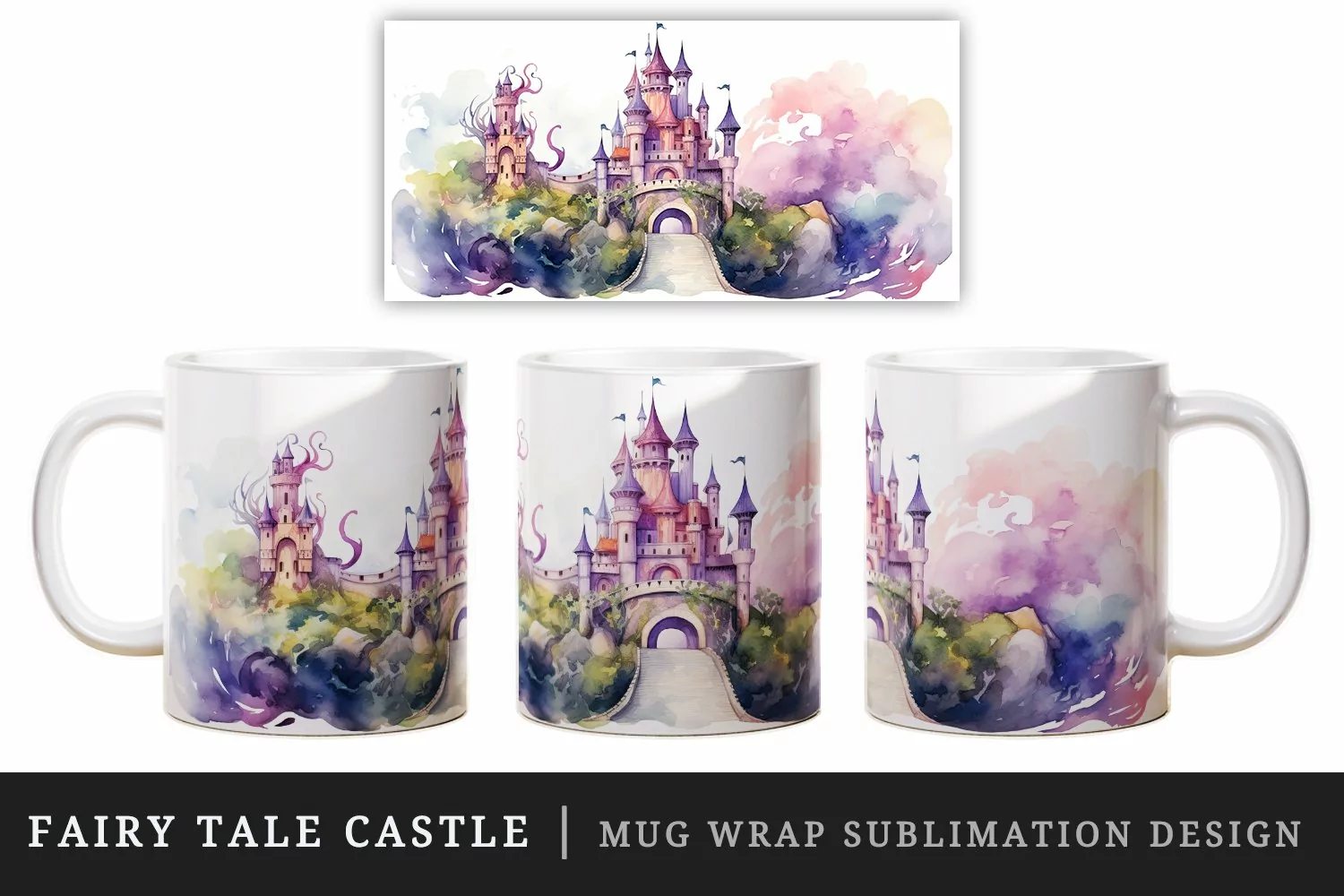 Watercolor fairy tale castle fantasy landscape design wrap sublimation for customize your mug coffee cup for children girl