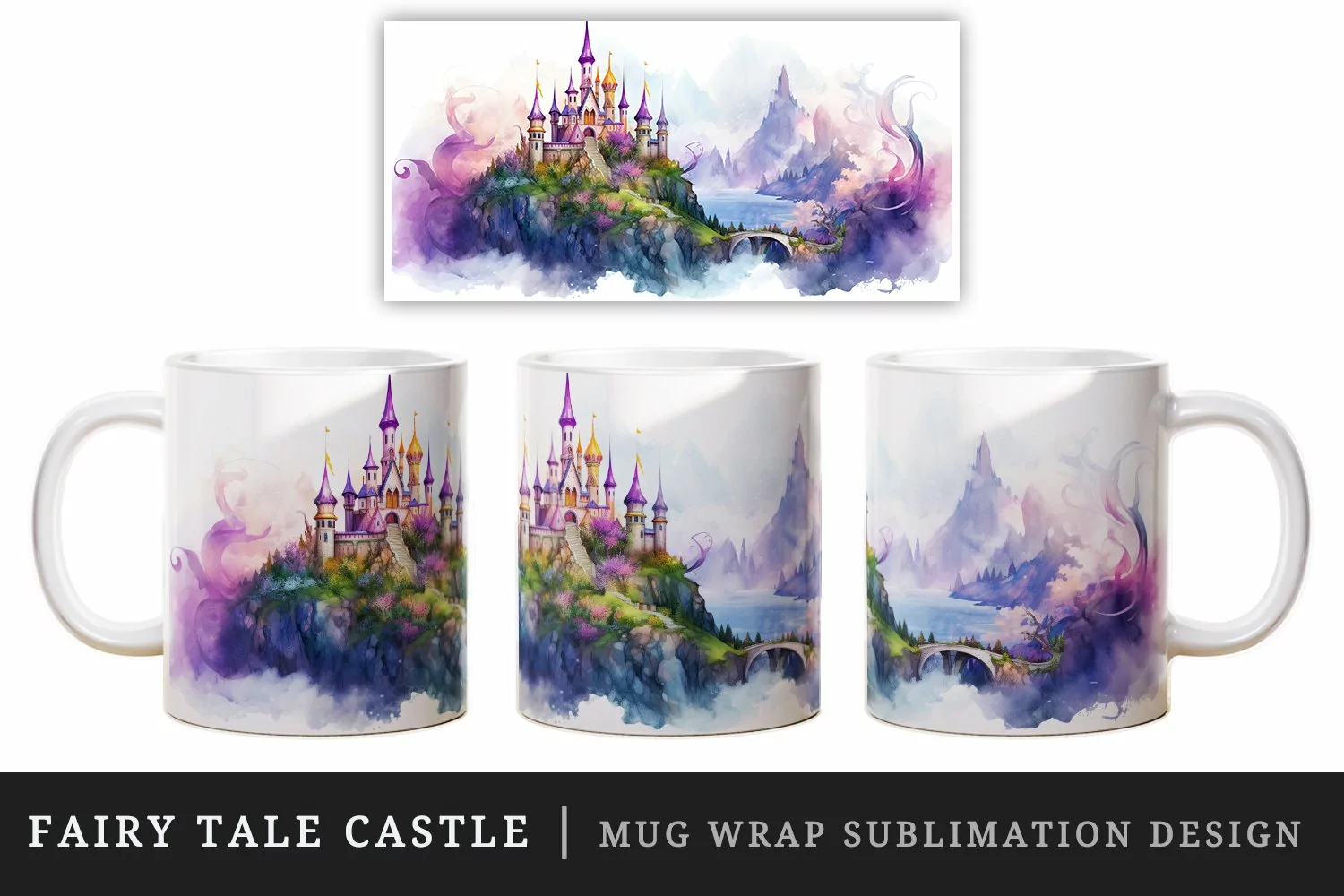 Watercolor fairy tale castle fantasy landscape design wrap sublimation for customize your mug coffee cup for children girl