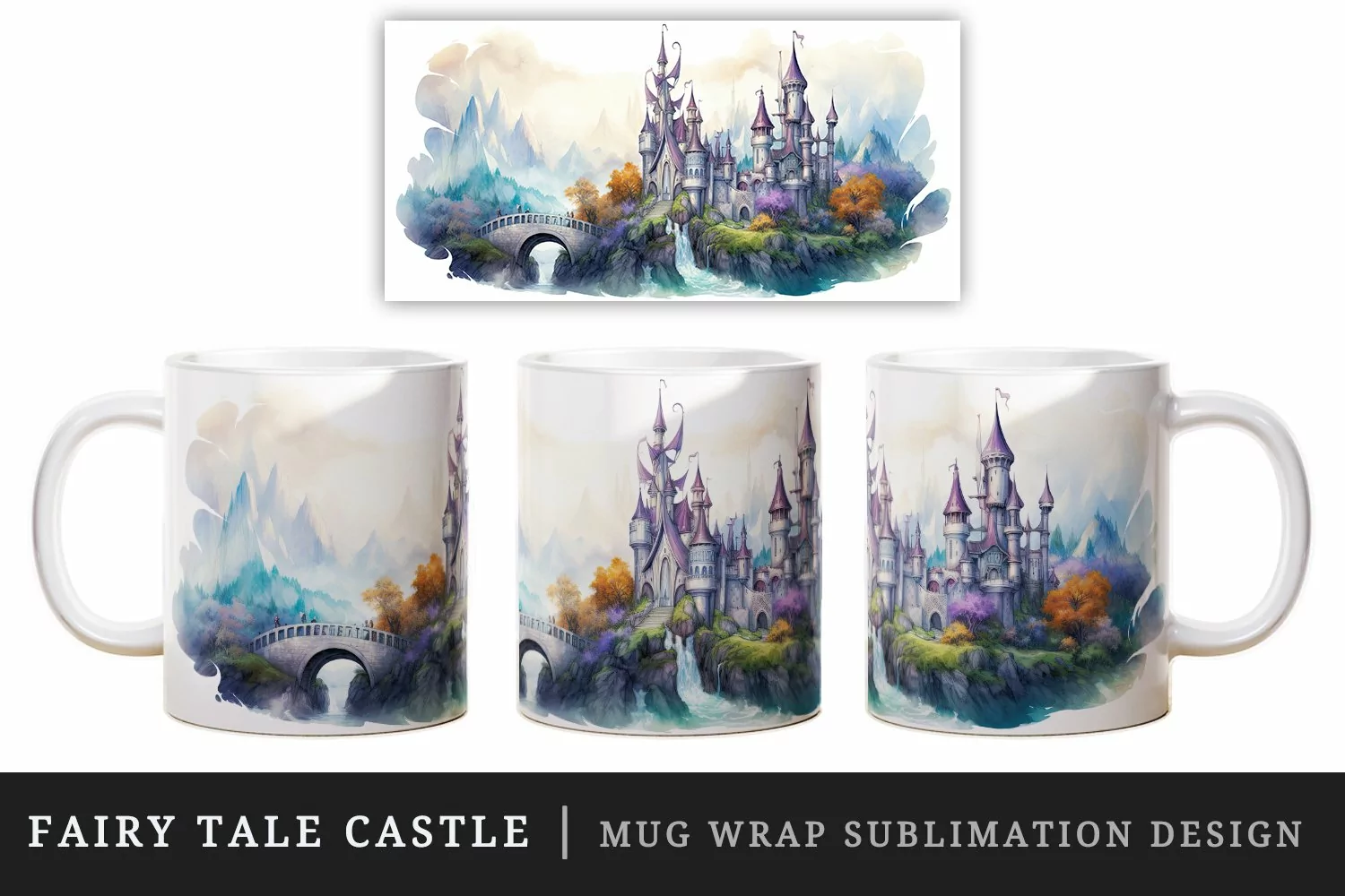 Watercolor fairy tale castle fantasy landscape design wrap sublimation for customize your mug coffee cup for children girl