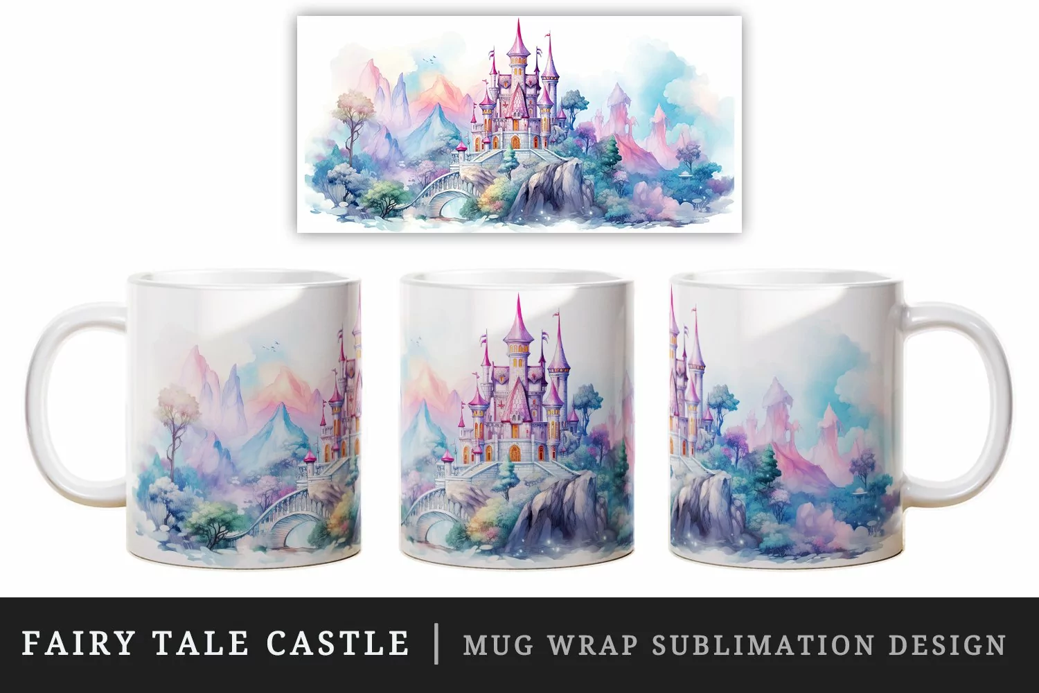 Watercolor fairy tale castle fantasy landscape design wrap sublimation for customize your mug coffee cup for children girl