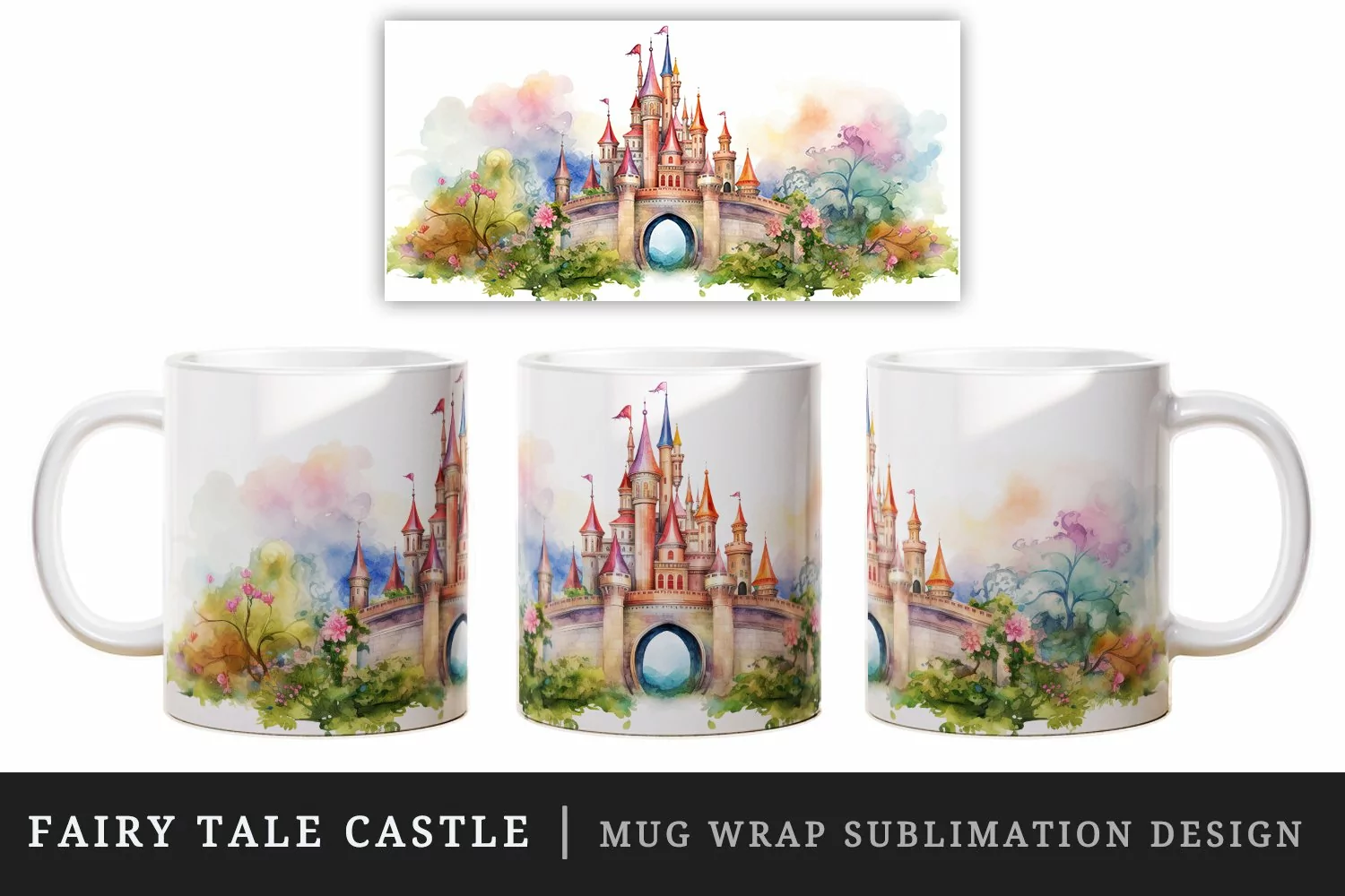 Watercolor fairy tale castle fantasy landscape design wrap sublimation for customize your mug coffee cup for children girl