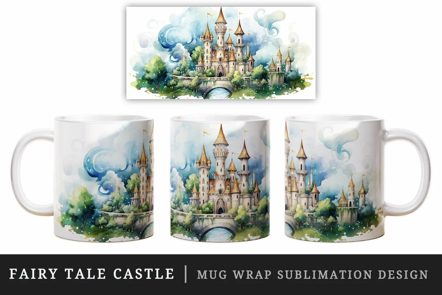 Watercolor fairy tale castle fantasy landscape design wrap sublimation for customize your mug coffee cup for children girl