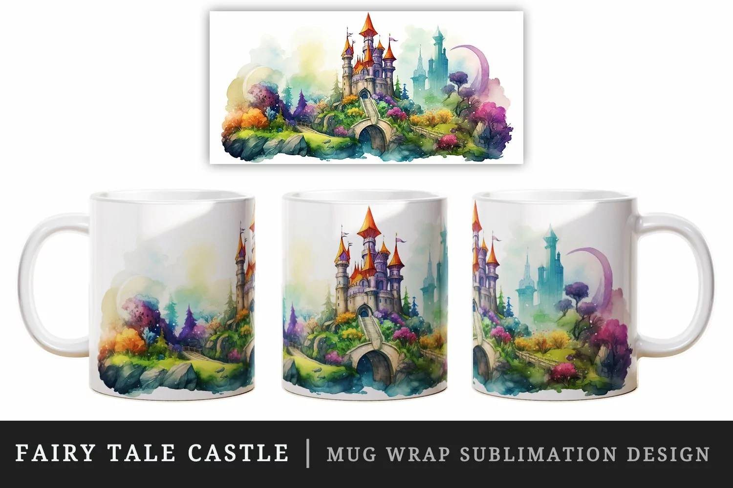 Watercolor fairy tale castle fantasy landscape design wrap sublimation for customize your mug coffee cup for children girl
