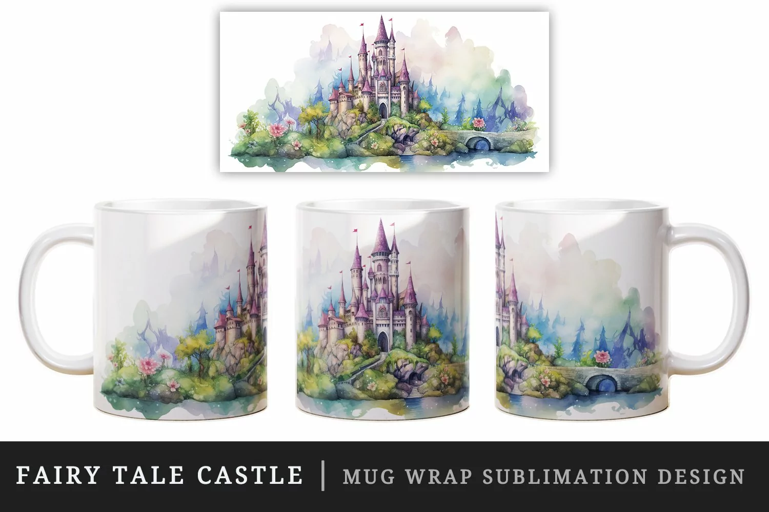 Watercolor fairy tale castle fantasy landscape design wrap sublimation for customize your mug coffee cup for children girl