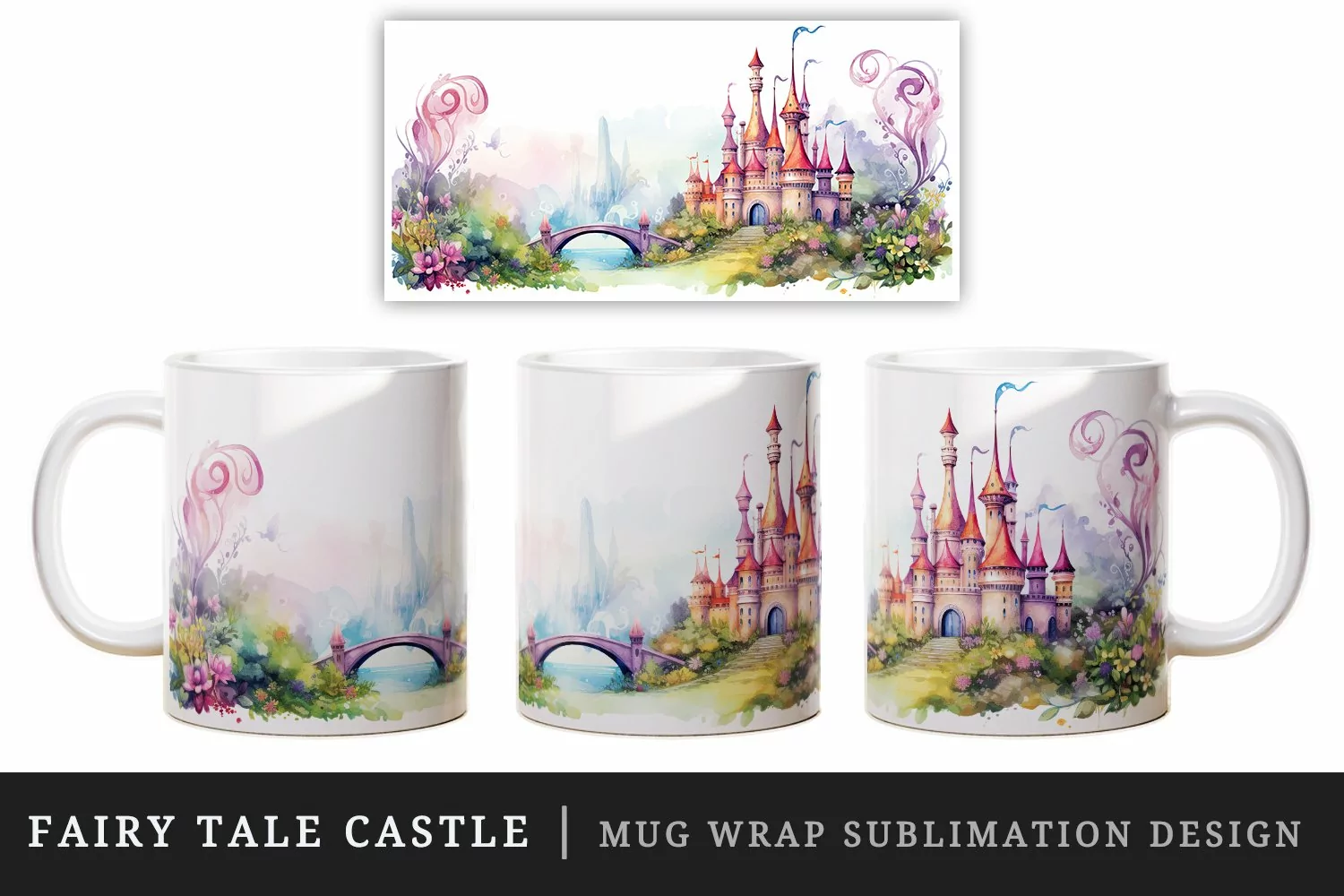 Watercolor fairy tale castle fantasy landscape design wrap sublimation for customize your mug coffee cup for children girl