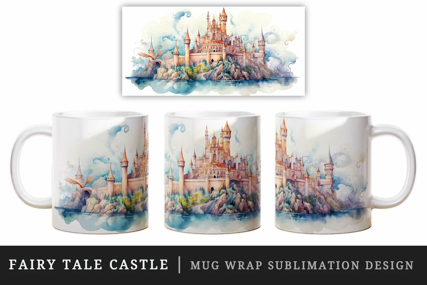 Watercolor fairy tale castle fantasy landscape design wrap sublimation for customize your mug coffee cup for children girl