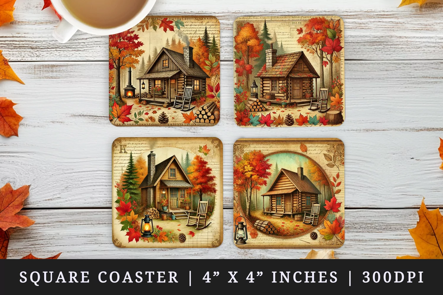 Watercolor fall cozy cabin in the woods surrounded by colorful autumn trees fallen leaves vintage print square coaster mug coasters sublimation design