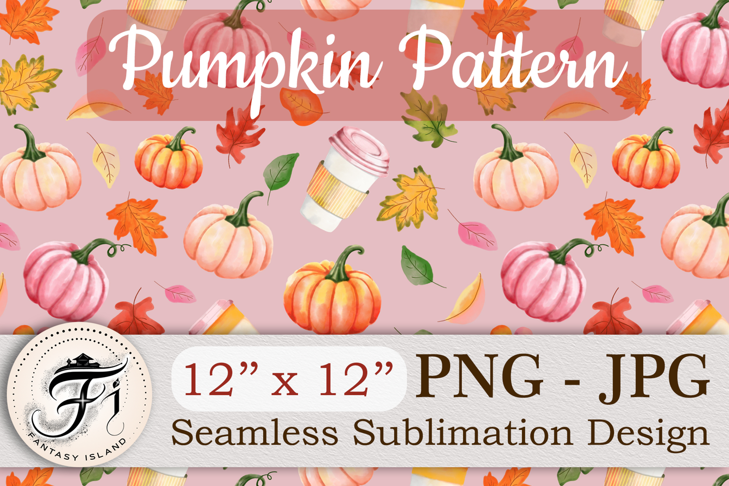 Cozy watercolor fall seamless pattern with pumpkins, coffee, and leaves. Perfect autumn digital paper for crafts, sublimation, and scrapbooking.