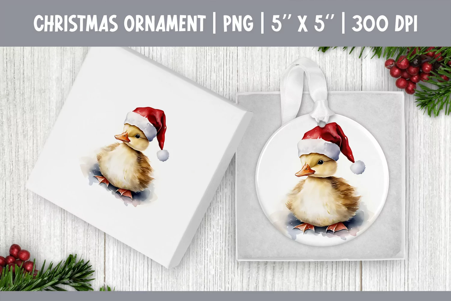 Watercolor Christmas Ornament Sublimation Design | Duckling product image 1