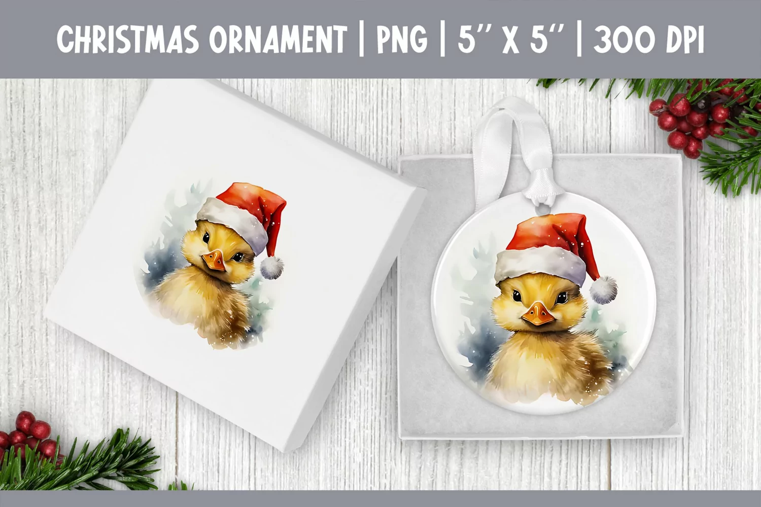 Watercolor Christmas Ornament Sublimation Design | Duckling product image 1