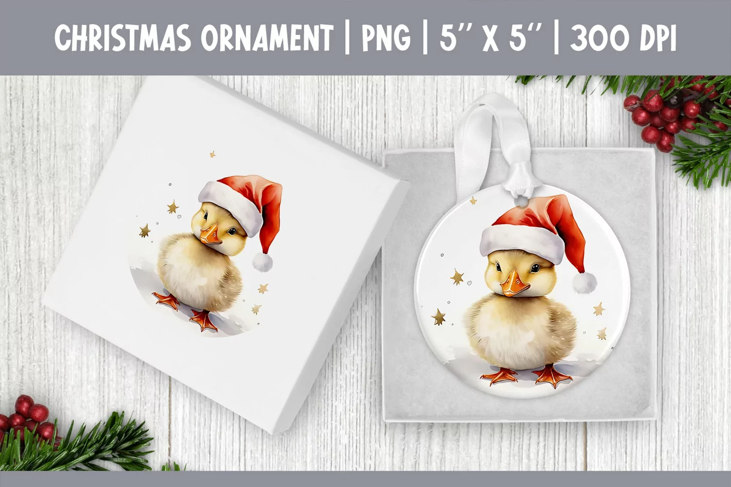 Watercolor Christmas Ornament Sublimation Design | Duckling product image 1
