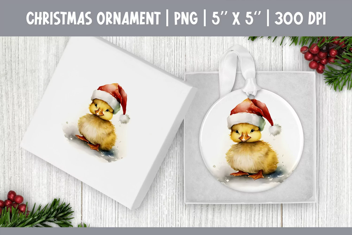 Watercolor Christmas Ornament Sublimation Design | Duckling product image 1