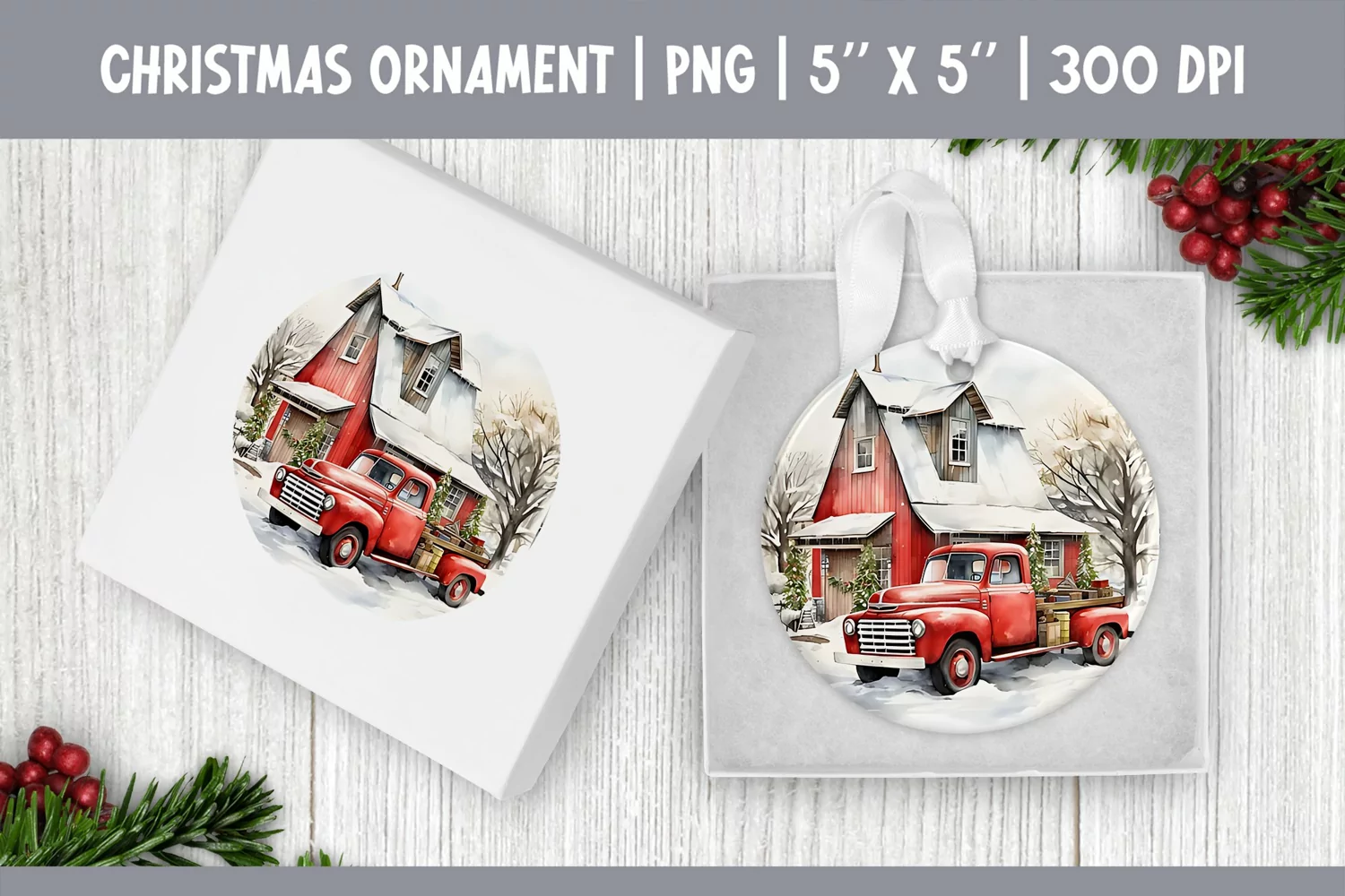 Watercolor Christmas Ornament Sublimation | Farm & Truck product image 1
