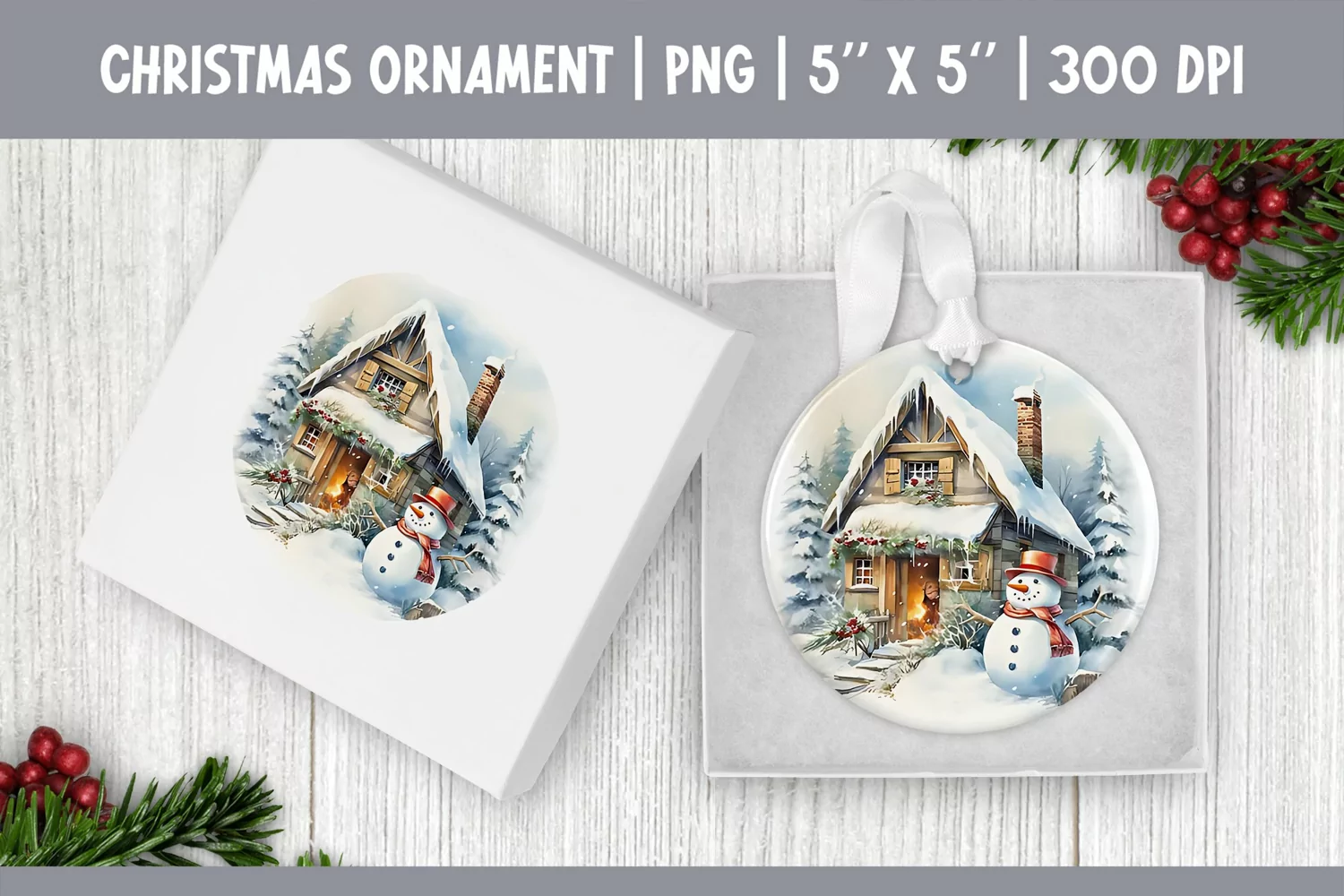 Watercolor Christmas Ornament Sublimation | Farm & Snowman product image 1