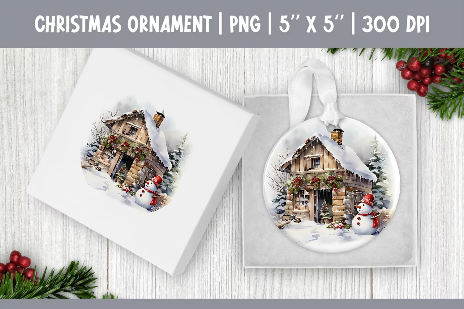 Watercolor Christmas Ornament Sublimation | Farm & Snowman product image 1
