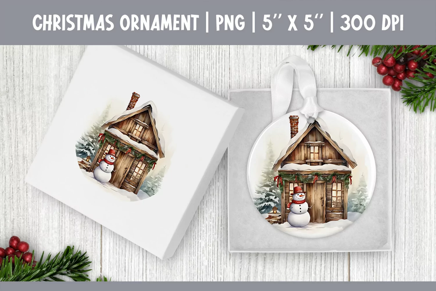 Watercolor Christmas Ornament Sublimation | Farm & Snowman product image 1