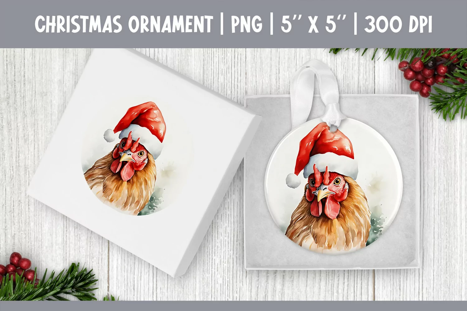 Watercolor Christmas Ornament Sublimation Design | Chicken