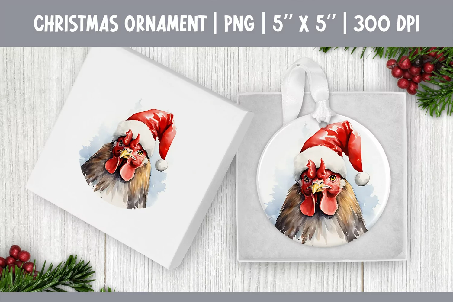 Watercolor Christmas Ornament Sublimation Design | Chicken product image 1