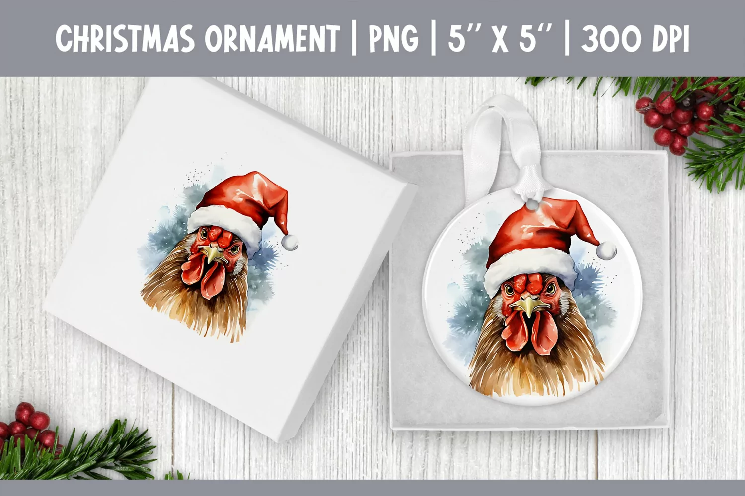 Watercolor Christmas Ornament Sublimation Design | Chicken product image 1
