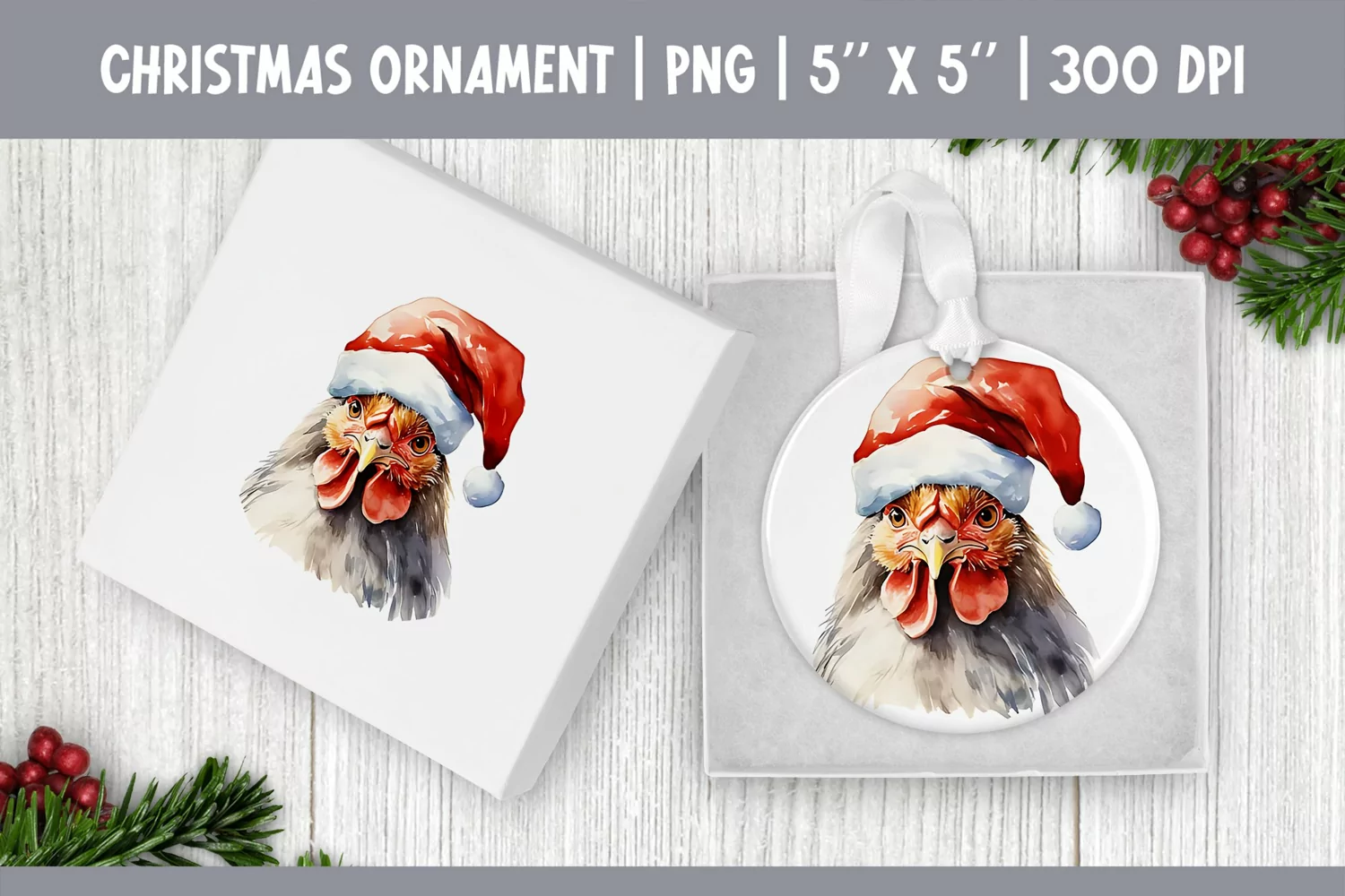 Watercolor Christmas Ornament Sublimation Design | Chicken product image 1