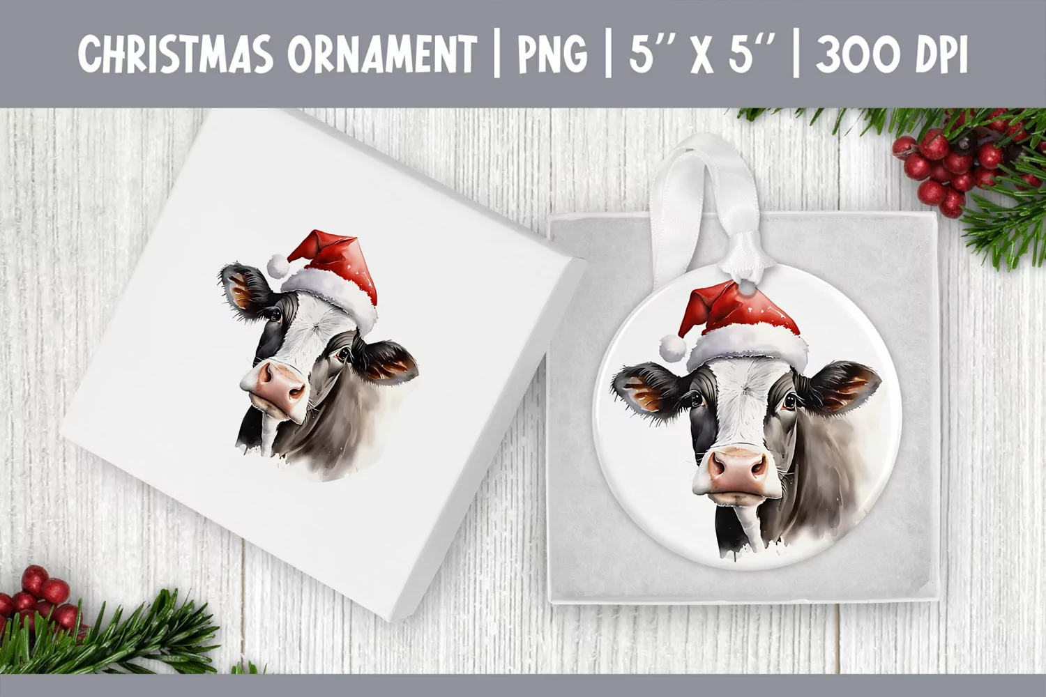 Watercolor Christmas Ornament Sublimation Design | Cute Cow product image 1