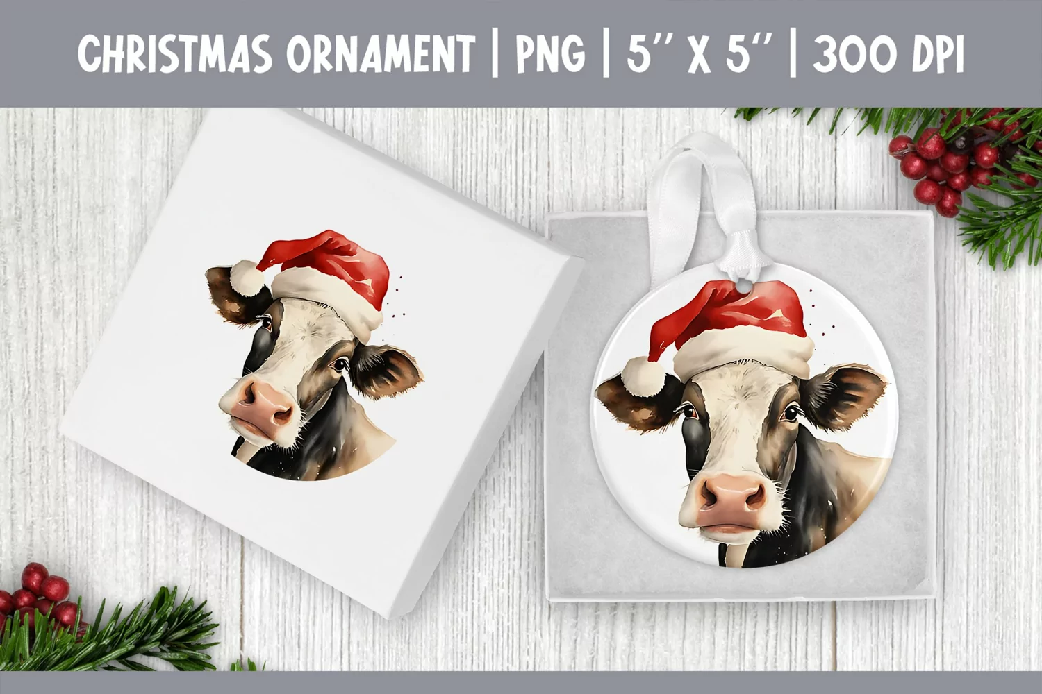 Watercolor Christmas Ornament Sublimation Design | Cute Cow product image 1
