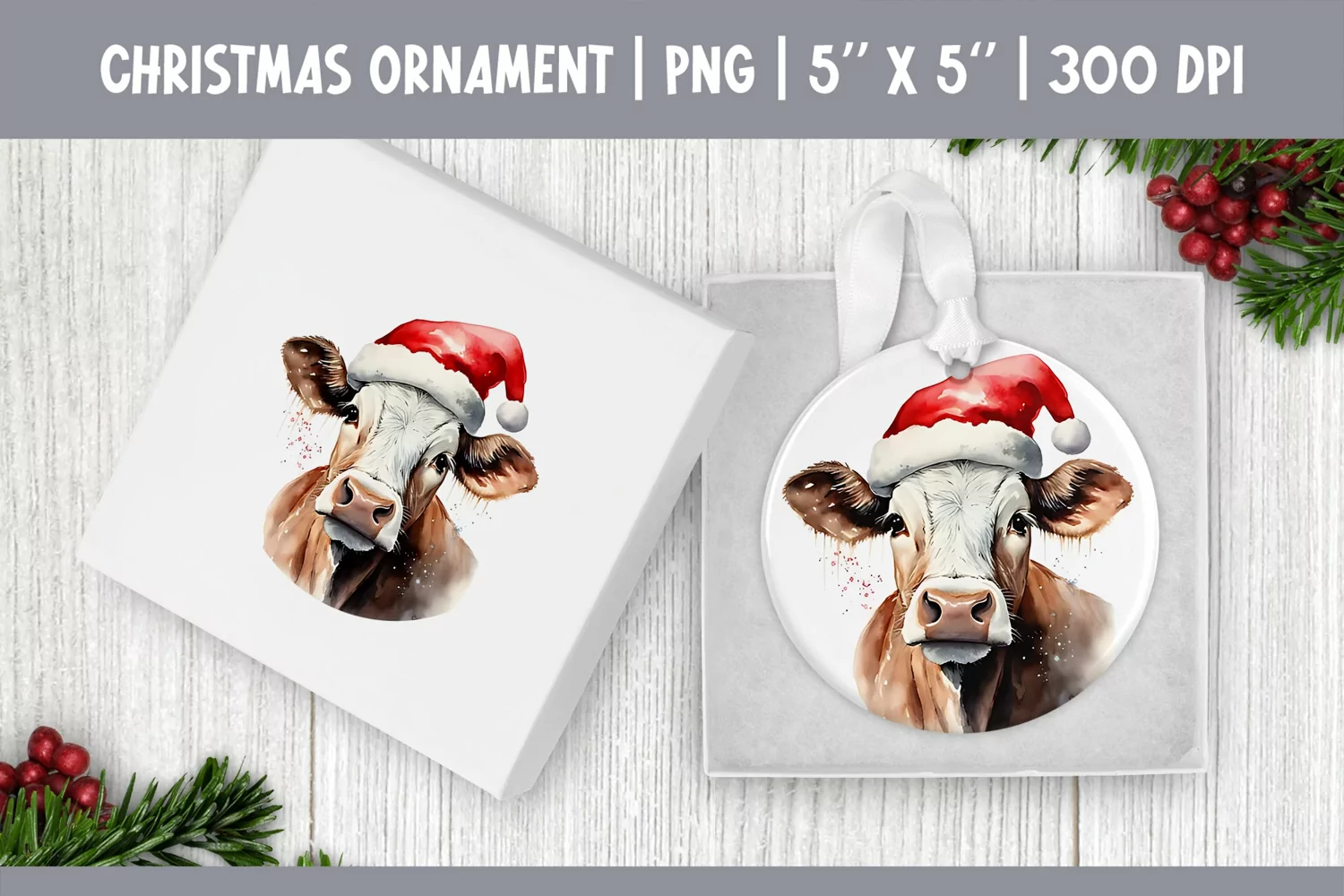 Watercolor Christmas Ornament Sublimation Design | Cute Cow product image 1