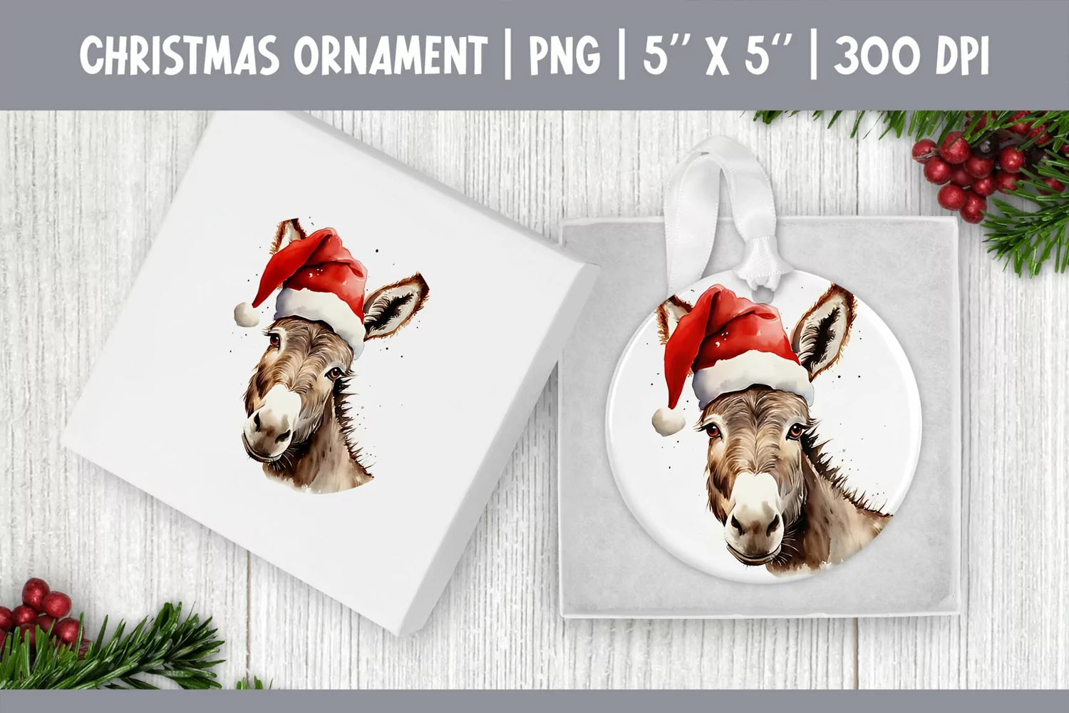 Watercolor Christmas Ornament Sublimation Design | Donkey product image 1