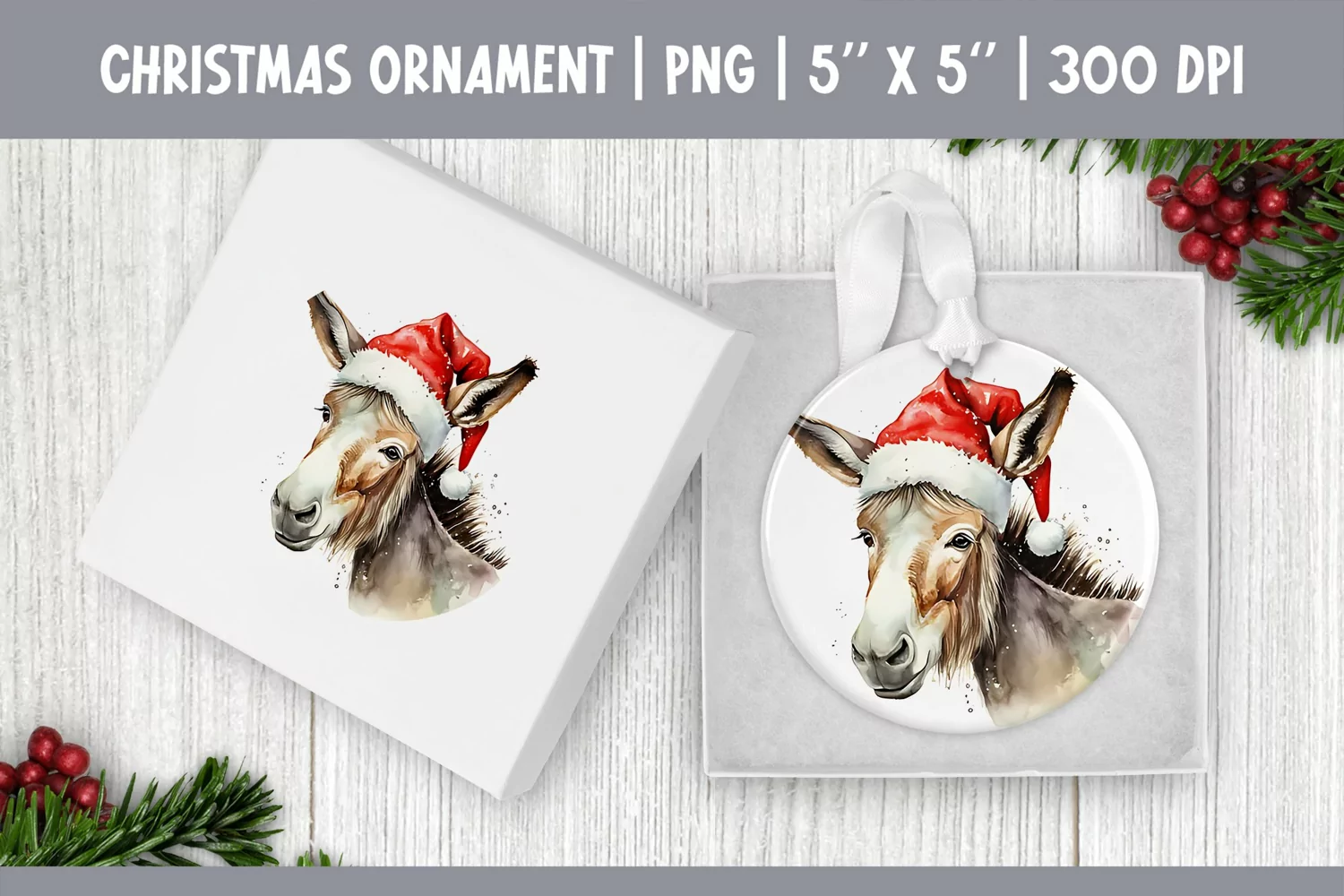 Watercolor Christmas Ornament Sublimation Design | Donkey product image 1