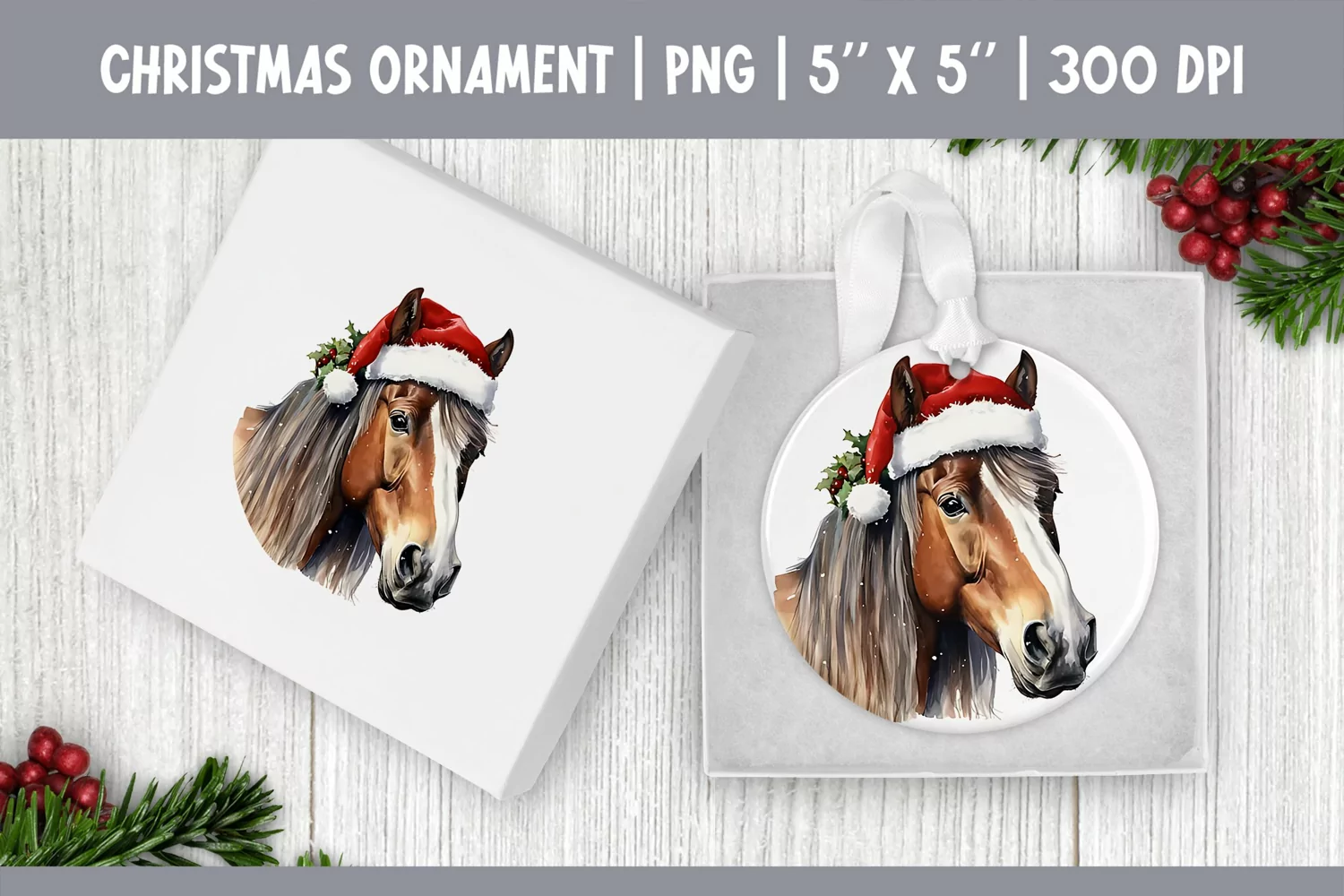 Watercolor Christmas Ornament Sublimation Design | Horse product image 1