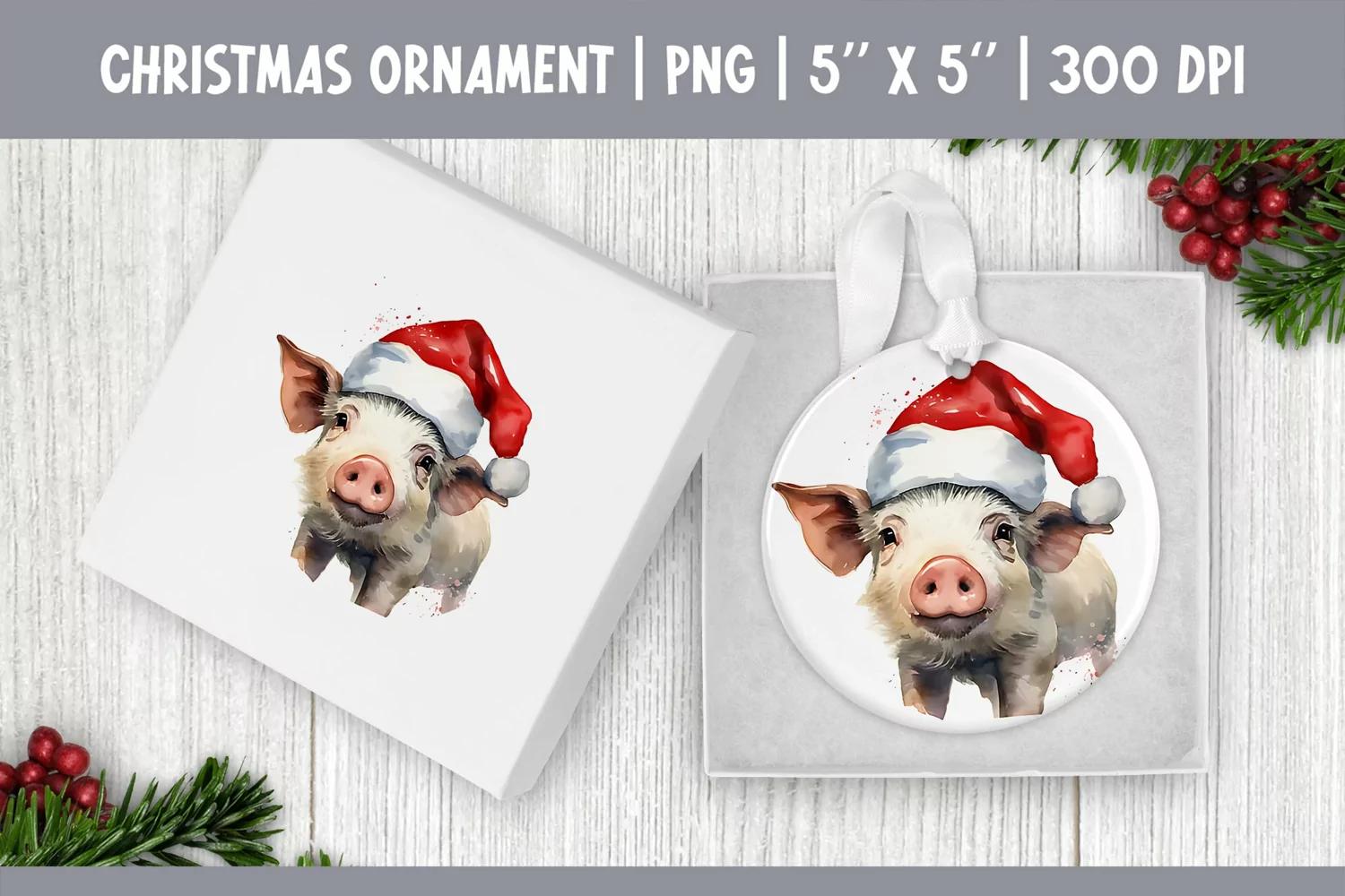 Watercolor Christmas Ornament Sublimation Design | Cute Pig product image 1
