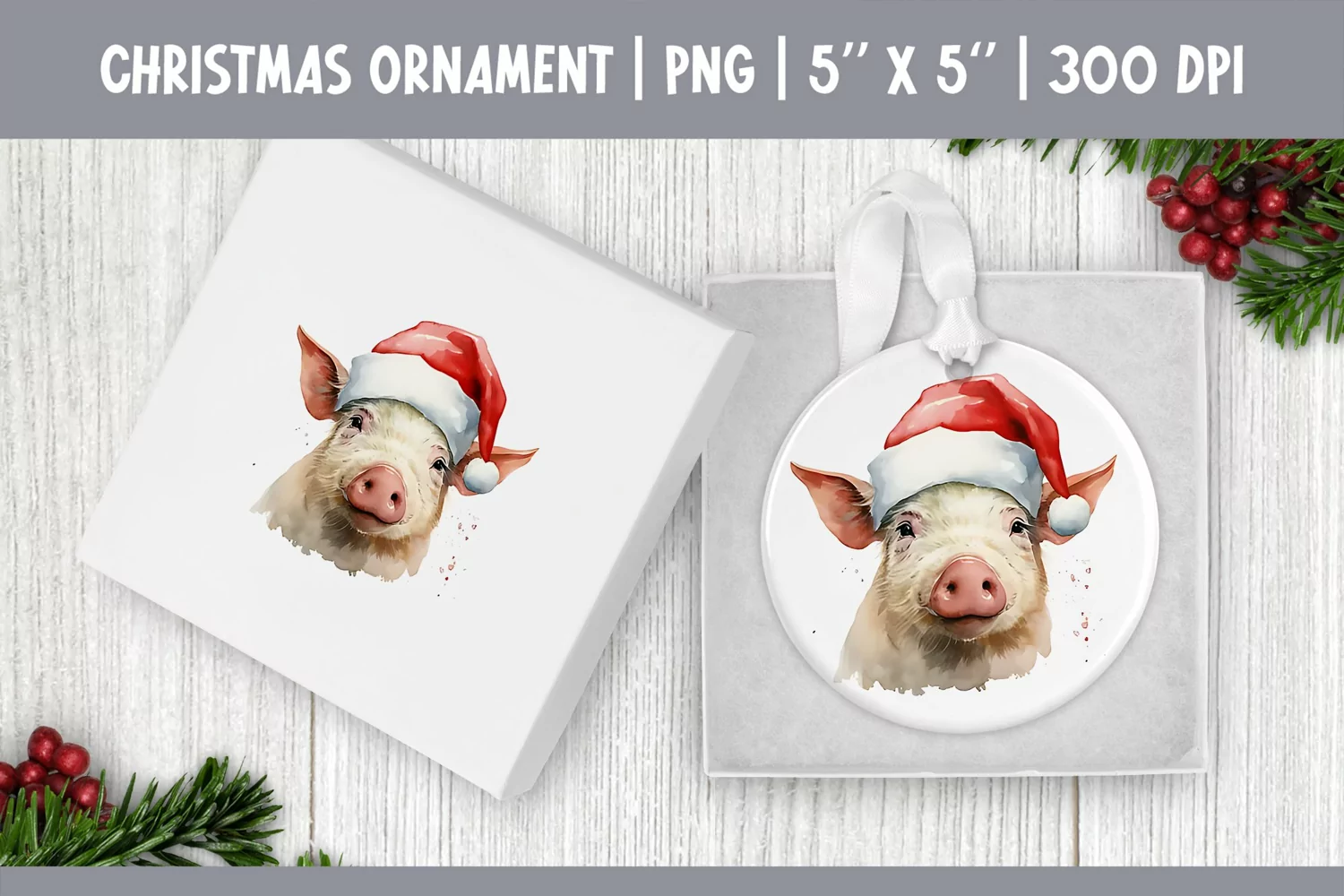 Watercolor Christmas Ornament Sublimation Design | Cute Pig product image 1