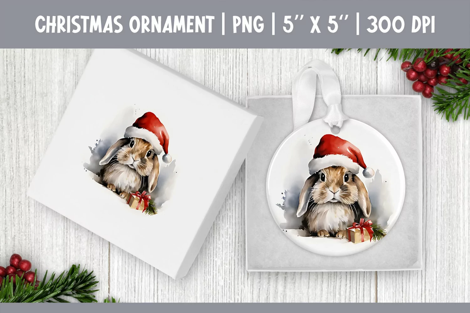 Watercolor Christmas Ornament Sublimation Design | Rabbit product image 1