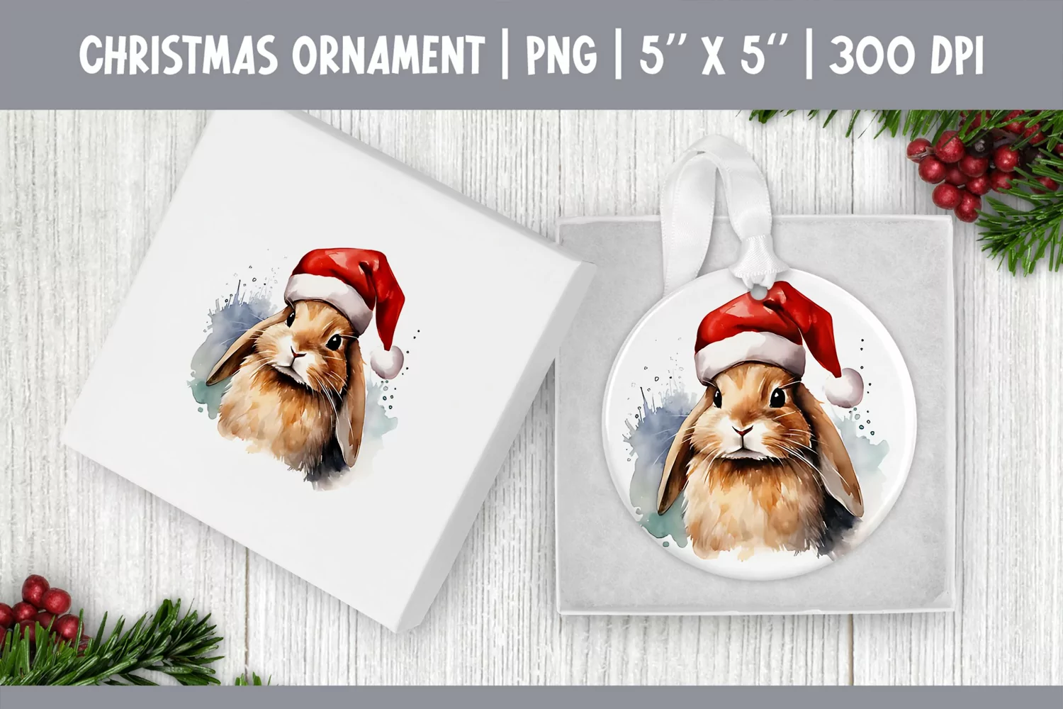 Watercolor Christmas Ornament Sublimation Design | Rabbit product image 1