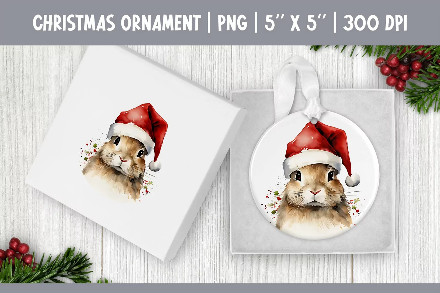 Watercolor Christmas Ornament Sublimation Design | Rabbit product image 1