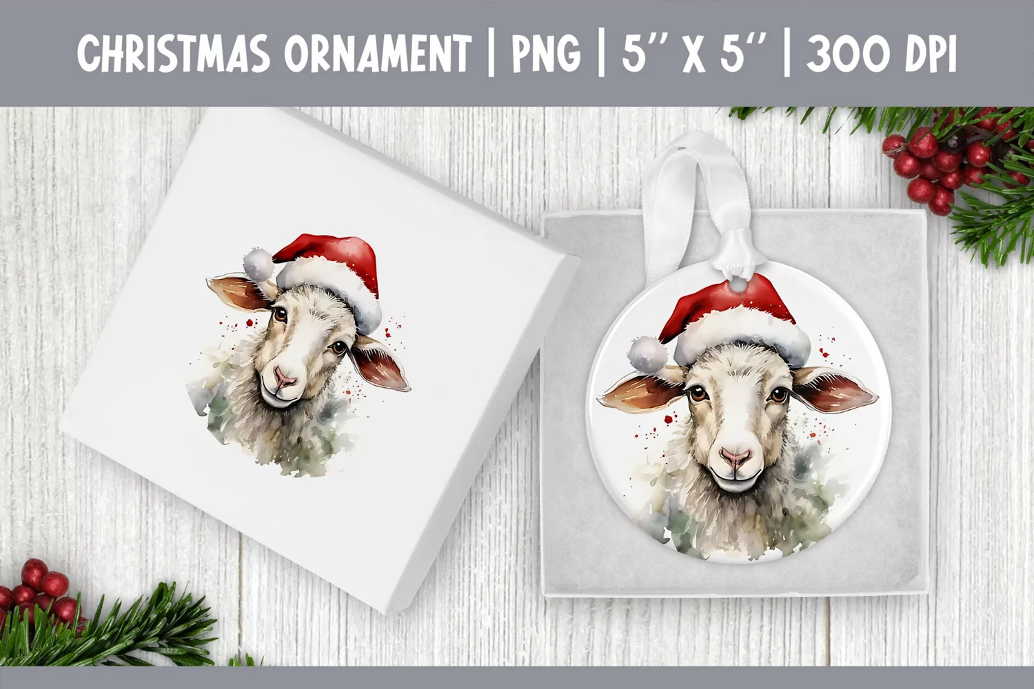 Watercolor Christmas Ornament Sublimation Design | Sheep product image 1